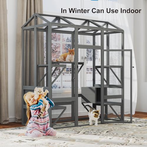 TIMHAKA 72 inch Catio Outdoor Cat Enclosure, Large Cat Catio for Multiple Cats, Outdoor Cats Enclosure with Waterproof Cover, Sunshine Roof, 7 Platforms, 2 Resting Boxes, Wooden Indoor Pet Cage, Grey TIMHAKA