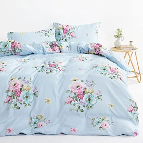 Wake In Cloud - Shabby Chic Comforter Set, Floral Farmhouse Cottagecore Vintage Colorful Pastel Spring Flowers, Soft Lightweight Bedding for Women Girls, 3 Pieces, Blue, Twin/Twin XL Size Wake In Cloud