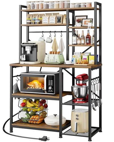 Kitsure Baker's Rack with Power Outlet - Storage Rack with Kitchen Shelves and 12 Hooks, Versatile Coffee Bar and Microwave Stand for Appliances, Pantry, Home Organization,Brown, 38.0" x 15.5" x 67.0"