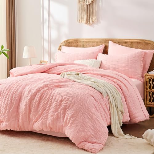FUANNA Pink Full Size Comforter Sets 7 Pieces, Luxury Seersucker Bed in a Bag Full for All Seasons, Soft Bed Sets with Comforter, Flat Sheet, Fitted Sheet, Pillowcases & Shams for Bedroom FUANNA