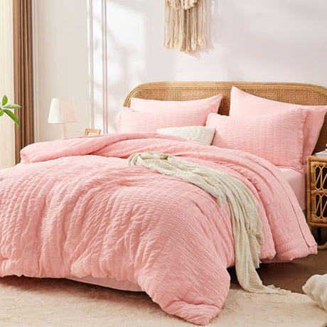 FUANNA Pink Full Size Comforter Sets 7 Pieces, Luxury Seersucker Bed in a Bag Full for All Seasons, Soft Bed Sets with Comforter, Flat Sheet, Fitted Sheet, Pillowcases & Shams for Bedroom FUANNA