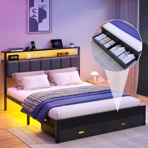 Aelawe Queen Bed Frames with Storage Drawer, Platform Bed with Charging Station and LED Lights, Upholstered Headboard with 2-Tier Storage Shelves, No Box Spring Needed Aelawe