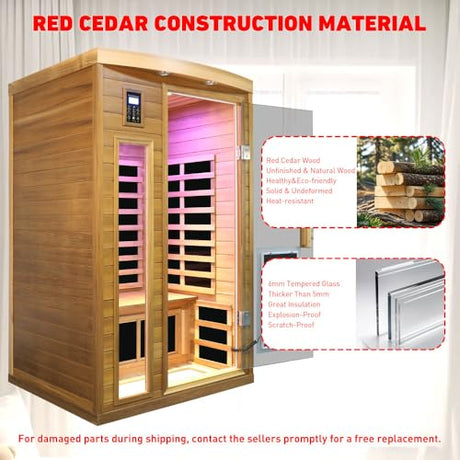 2 Person Low EMF Infrared Sauna for Home, Red Cedar Wood Far Infrared Saunas, 1750watt Indoor Personal Sauna Room with Door Heating Panels, Blue-tooth, 7-Color Chromotherapy Lights, 2 Outdoor Lamps Kanlanth