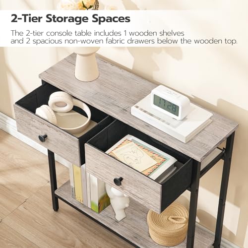 HOOBRO 29.5" Narrow Console Table with 2 Fabric Drawers, Small Entryway Table with 2-Tier Storage Shelves, Sofa Table, Behind Couch Table, for Living Room, Hallway, Greige and Black BG71XG01 HOOBRO