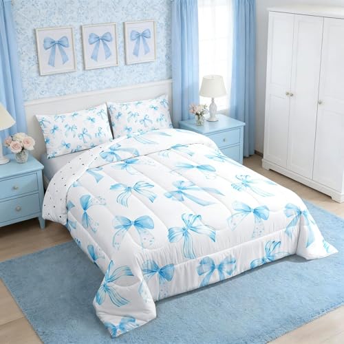 Feelyou Sky Blue Bow Bedding Set for Kids Boys Girls Twin Size Cute Dreamy Princess Style Comforter Set Ultra Soft Bow Pattern Comforter Sky Blue Bowknot Duvet Quilt Bedroom Decor Bow Quilt Feelyou