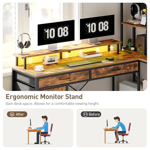 RALGEND L Shaped Computer Desk with Drawers, 53'' Gaming Desk with Storage Shelves, Corner Computer Desk with Power Outlets & LED Light, Home Office Desk with Monitor Stand and Pegboard, Rustic Brown RALGEND