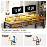 RALGEND L Shaped Computer Desk with Drawers, 53'' Gaming Desk with Storage Shelves, Corner Computer Desk with Power Outlets & LED Light, Home Office Desk with Monitor Stand and Pegboard, Rustic Brown RALGEND