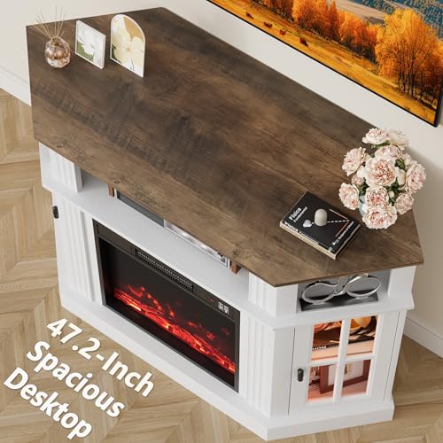 Furmax Fireplace Corner TV Stand for Up to 55 Inch, Modern Console with 18 Inch Electric Fireplace, Entertainment Center with Open Shelf and Storage Cabinets for Living Room (LED Antique White) Furmax