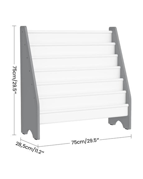 CHOEZON 6-Tier Kids Bookshelf, Kids Sling Bookcase, Magazine and Book Storage Rack, Large Capacity Book Organizer, Book Shelf for Kids Room, Bedroom, Nursery, Playroom, White and Gray MCW07WG CHOEZON