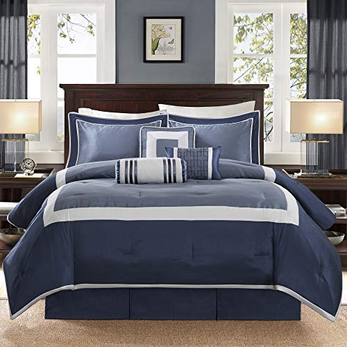 Madison Park Cozy Comforter Set-Deluxe Hotel Collection, All Season Down Alternative Luxury Bedding with Matching Shams, Decorative Pillows, Cal King(104"x92"), Genevieve, Navy 7 Piece Madison Park