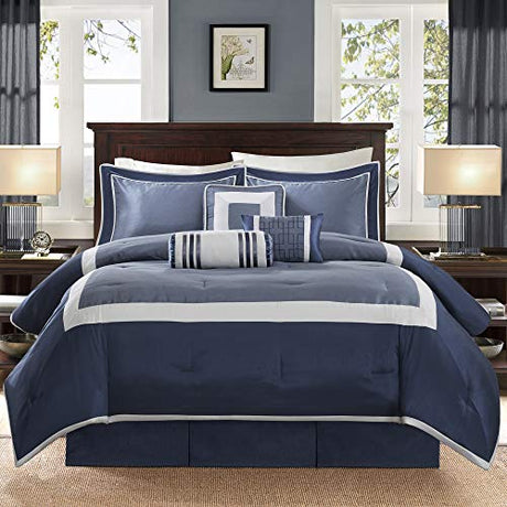 Madison Park Cozy Comforter Set-Deluxe Hotel Collection, All Season Down Alternative Luxury Bedding with Matching Shams, Decorative Pillows, Cal King(104"x92"), Genevieve, Navy 7 Piece Madison Park