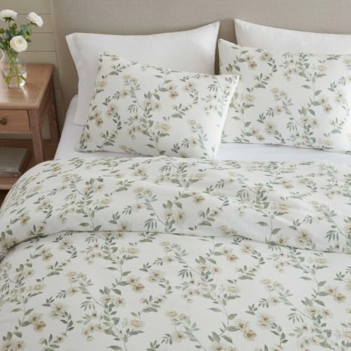 Martha Stewart - Queen Duvet Cover Set, Soft Cotton with Crisp & Tailored Naturally Smooth Cotton Percale Reverse, Lightweight 3 Piece Bed Set with Matching Pillowcases (Hazel Floral Beige) Martha Stewart