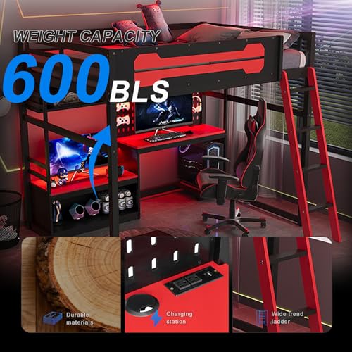 OYUMOENTS Full Size Gaming Loft Bed with Desk and LED Lights, Wood Loft Bed with Storage Shelves & USB Ports, Full Size Loft Beds Frame for Adults Kids Teens, Black+Red OYUMOENTS