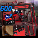 OYUMOENTS Full Size Gaming Loft Bed with Desk and LED Lights, Wood Loft Bed with Storage Shelves & USB Ports, Full Size Loft Beds Frame for Adults Kids Teens, Black+Red OYUMOENTS