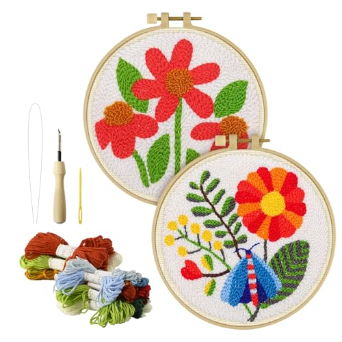 Betoom 2PCS Punch Needle Kits Adults Beginner, DIY Flower Dragonfly Punch Needle Kits for Adults with Patterns, Tools, Yarns, Hoop