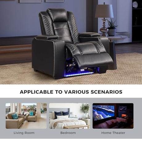 EBELLO Power Home Theater Seating, Electric Gaming Recliner Chair with Adjustable Headrest, Faux Leather Movie Reclining Chairs with Cup Holders LED Lights,USB Port,Hidden Arm Storage, Black EBELLO