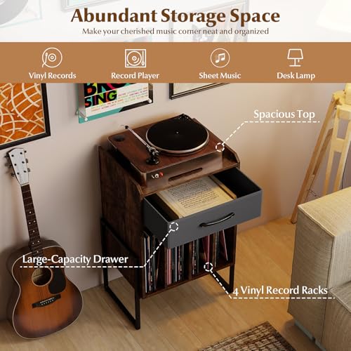 Giantex Record Player Stand, 2-Tier Turntable Stand with Fabric Drawer, Open Vinyl Storage and Display Shelf, Modern Wood Record Stand, Vinyl Record Storage for Living Room, Media Room (Rustic Brown) Giantex