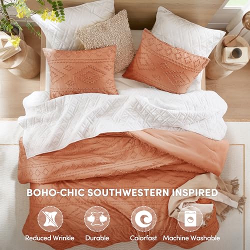 Comfort Spaces Comforter for Queen Size Bed, Geometric Diamond Tufted Boho Comforter Set Queen, All Season Lightweight Bedding Set, Matching Sham, Full/Queen Terracotta 3 Piece Comfort Spaces