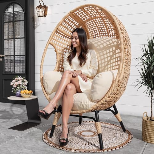 CHINNLUU Outdoor Egg Chair Wicker Oversized Egg Basket Chair with Stand Lounger Chairs with Cushion 500lbs Capacity for Patio Garden Backyard Balcony (Ivory - Plaid, 1 PCS) CHINNLUU
