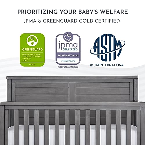 Evolur Belmar Flat 5-in-1 Convertible Crib in Rustic Grey, Features 3 Mattress Height Settings, Greenguard Gold Certified, Made of Kiln-Dried Hardwood - WoodArtSupply