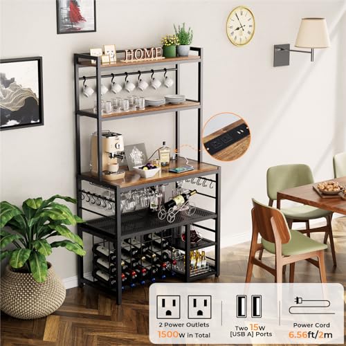 yacchi home Wine Bar Cabinet with Outlet and LED Light, Liquor Cabinet with Glasses Holder Movable Storage Shelf, 4-Tier Wine Rack Durable Coffee Bar Cabinet for Kitchen Dining Room, Grey - WoodArtSupply