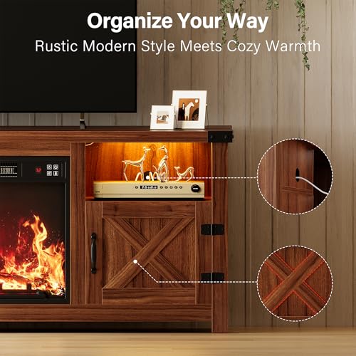 YESHOMY LED Fireplace TV Stand with Mood Lighting, TV Cabinet with Open Shelf, Farmhouse Media Console with Hidden Cable Routing, Entertainment Center for Televisions up to 65+ Inch, Walnut YESHOMY