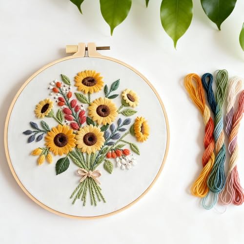 Herdiese Embroidery Kit for Beginners with Flower Pattern – Stamped Cross Stitch Kit Including Fabric, Hoop, Threads, Needles & Instructions – Complete DIY Hand Sewing Craft Set