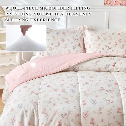 Joyreap 3pcs Cotton Comforter Set for Girls, Pink Floral Design, Twin Size Soft n Cozy Bedding Comforter Set for All Season- 68x88 inches Joyreap