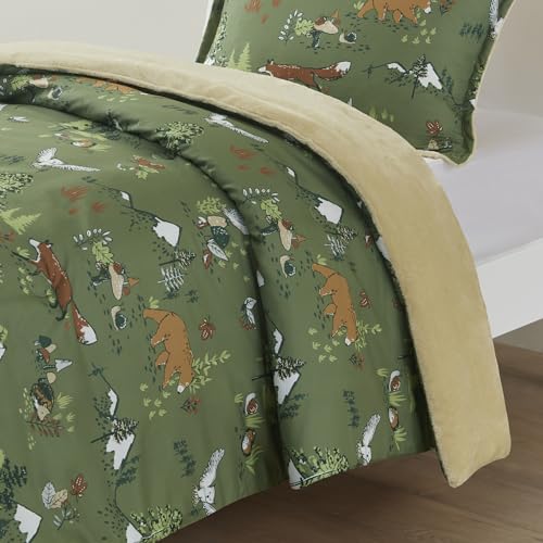 Intelligent Design Kids Twin Comforter Set, Reversible Plush Kids Comforter, Cozy Plush Reverse Bedding, Winter Fluffy Bed Set, 1 Sham, Enchanting Forest Animals, Heath, Twin, Sage Green 2 Piece Intelligent Design