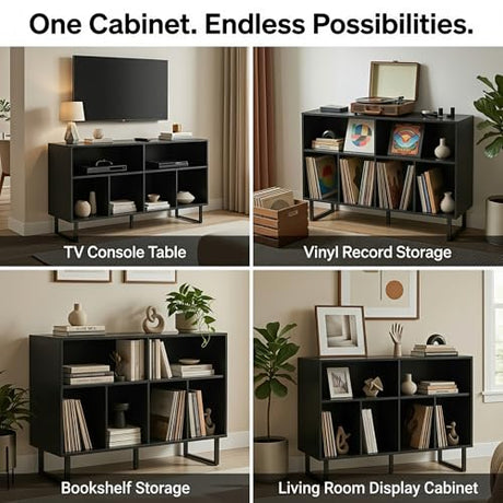 FurnPulse Large Record Player Stand with Storage 1000+ Albums, Mid Century Modern Turntable Stand Cabinet, Record Player Table Media Console TV Stand Bookshelf for Living Room, Black Walnut FurnPulse