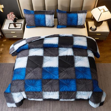 Caressma Black and Navy Blue Checkered Comforter Bedding Set, Full Size Blue White Plaid Comforter Set for Boys, Fluffy Black Grid Home Decor for All Seasons Caressma