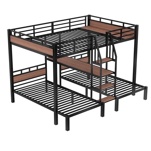 Bellemave Queen Over Twin Over Twin Bunk Bed with Shelf and Stairs, Heavy Duty Triple Bunk Beds with Safety Guardrails, Metal Triple Bunk Bed Frame for 3 Kids, Teens, Black Bellemave