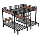 Bellemave Queen Over Twin Over Twin Bunk Bed with Shelf and Stairs, Heavy Duty Triple Bunk Beds with Safety Guardrails, Metal Triple Bunk Bed Frame for 3 Kids, Teens, Black Bellemave