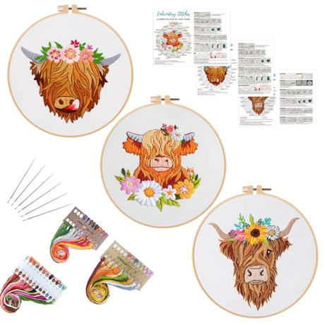 Louise Maelys 3 Sets Highland Cow Embroidery Kits for Beginners,Cross Stitch Kit for Adults,Starters DIY Needlepoint Including Embroidery Hoop Cloth Needles Instruction and Threads Louise Maelys