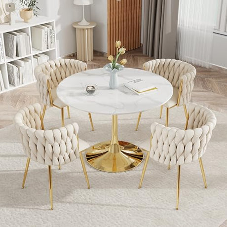 HAIZAO Round Dining Table Set for 4, 34'' Mid Century Modern Circle Kitchen Dinner Room Set, 5 Piece Small Modern Circular Tulip Table Set with Velvet Chairs, for Apartment Home HAIZAO