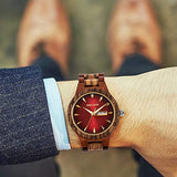 MII YEW Men's Wooden Watch Lightweight Analog Quartz Handmade Wood Watches Red Dial with Date MII YEW