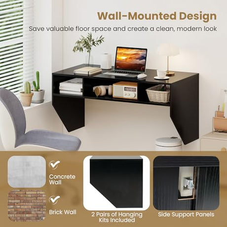 Giantex Wall-Mounted Computer Desk, Floating Laptop Desk with 3 Storage Compartments, Space-Saving Home Office Workstation Vanity Table for Bedroom, Study, Living Room (Black) Giantex