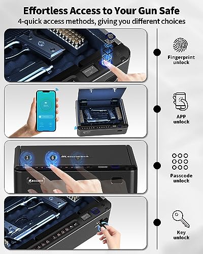 BILLCONCH Smart Gun Safe with Security Cable - Biometric Gun Safe for Handgun 4 Ways Quick Access with Fingerprint/Keypad/Key/APP Lock Pistol Safe for Nightstand Bedside Home Car with LCD/Voice Guide BILLCONCH