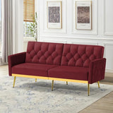 ACMEASE Velvet Sofa Bed w/Adjustable Armrests & Backrests, Modern Convertible Sleeper Sofa, Tufted Futon Sofa for Bedroom, Living Room, Apartment, Red ACMEASE