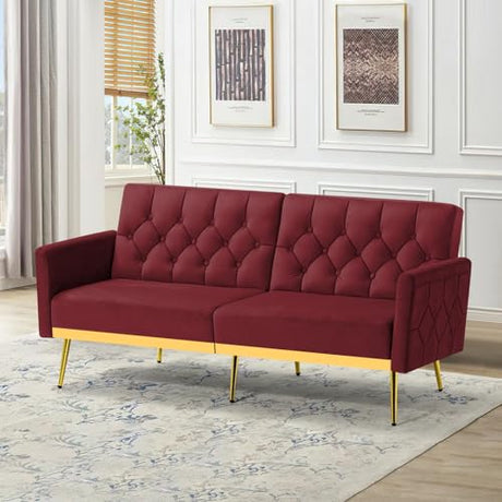 ACMEASE Velvet Sofa Bed w/Adjustable Armrests & Backrests, Modern Convertible Sleeper Sofa, Tufted Futon Sofa for Bedroom, Living Room, Apartment, Red ACMEASE