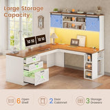 SEDETA 67" Farmhouse L Shaped Desk with Hutch, Home Office Desks with Drawers & Sliding Doors, Corner Computer Desk with Storage Shelves & Power Outlets, Executive Desk with LED Lights, White SEDETA