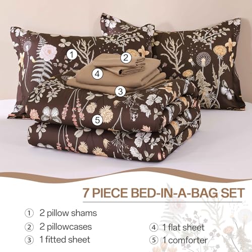 Yiran Brown Comforter Set Queen Size, 7 Piece Floral Comforter Bedding Set, Farmhouse Bed in a Bag, Soft Microfiber Complete Bedding Set with Sheets for All Season