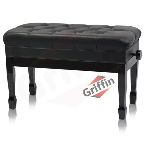 GRIFFIN Genuine Leather Piano Bench | Oversize Duet Vintage Black Solid Wood & Ergonomic Keyboard Stool | 2 Person Cushion Seat & Sheet Music Book Griffin
