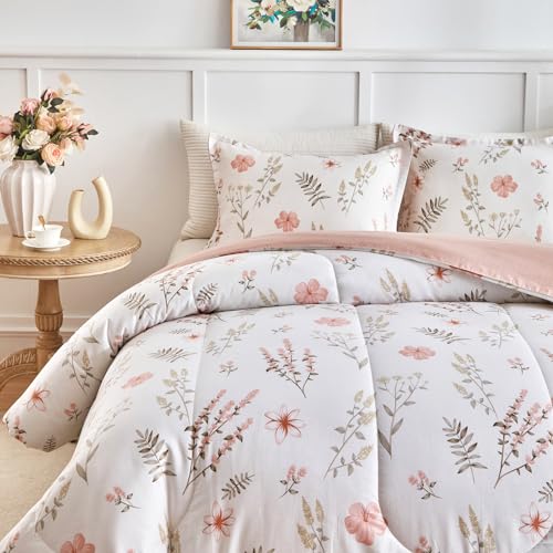 Joyreap 3pcs Floral Cotton Comforter Set for Girls, Pink Flowers n Leaves Botanical Design, Twin Size Soft n Cozy Bedding Comforter Set for All Season- 68x88 inches Joyreap