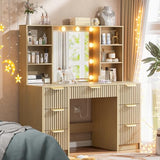 DDONGMM Fluted Vanity Desk with Mirror and 10 Adjustable LED Lights, Modern Makeup Desk with 7 Drawers & 6 Shelves, Dressing Table with Charging Station for Girls, Women, Bedroom, Natural Oak DDONGMM