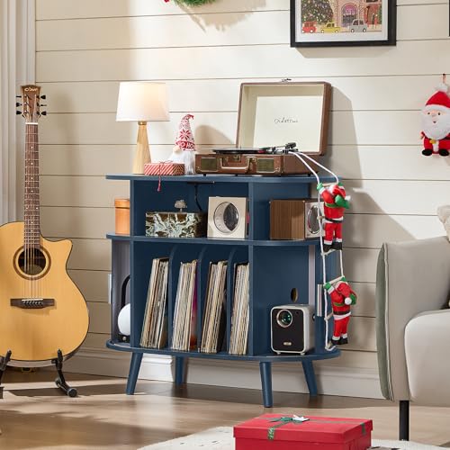 LELELINKY Large Round Record Player Stand with Charging Station & Fluted Panel,Navy Blue Mid Century Modern Turntable Cabinet with Vinyl Storage, Arched Wood Record Player Table for Living Room LELELINKY