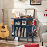 LELELINKY Large Round Record Player Stand with Charging Station & Fluted Panel,Navy Blue Mid Century Modern Turntable Cabinet with Vinyl Storage, Arched Wood Record Player Table for Living Room LELELINKY