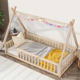 Tatub Twin Montessori House Floor Bed Frame with Rails and Roof - Nature-Inspired Kids Teepee Bed Tatub