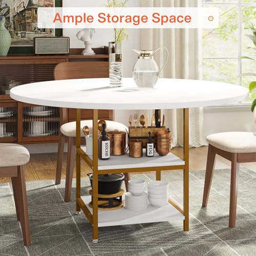 Tribesigns 47 Inches Dining Table Kitchen Tables for Dining Room, 4 People Round Dinner Table with Storage Shelves for Dinner Room Kitchen Living Room, White Gold(Only Table) Tribesigns