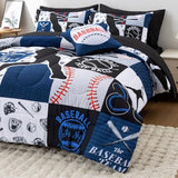 A Nice Night Sports Geometric Grid Black Patchwork Baseball Printed for Boys Twin 6Pcs Bed in A Bag Comforter Bedding Set,Blue A Nice Night